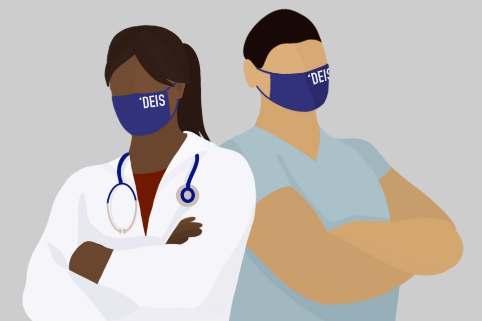 Drawing of two healthcare workers wearing Brandeis masks