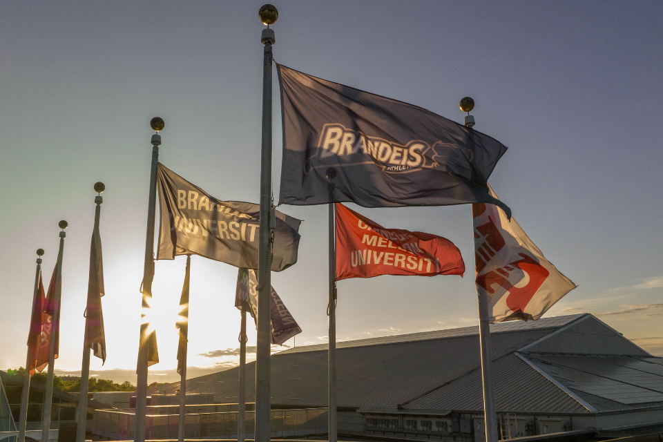 flags waving in the air above the Gosman, Brandeis Athletics complex 