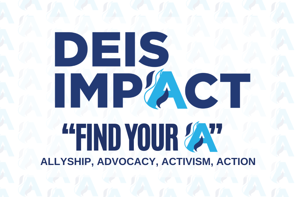 The words Deis Impact, finding your A are printed in front of a white and blue backdrop