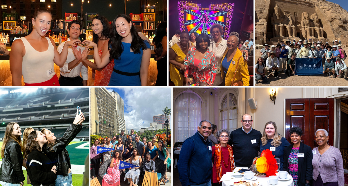 Collage of images showing alumni at different events, having fun, traveling, and smiling