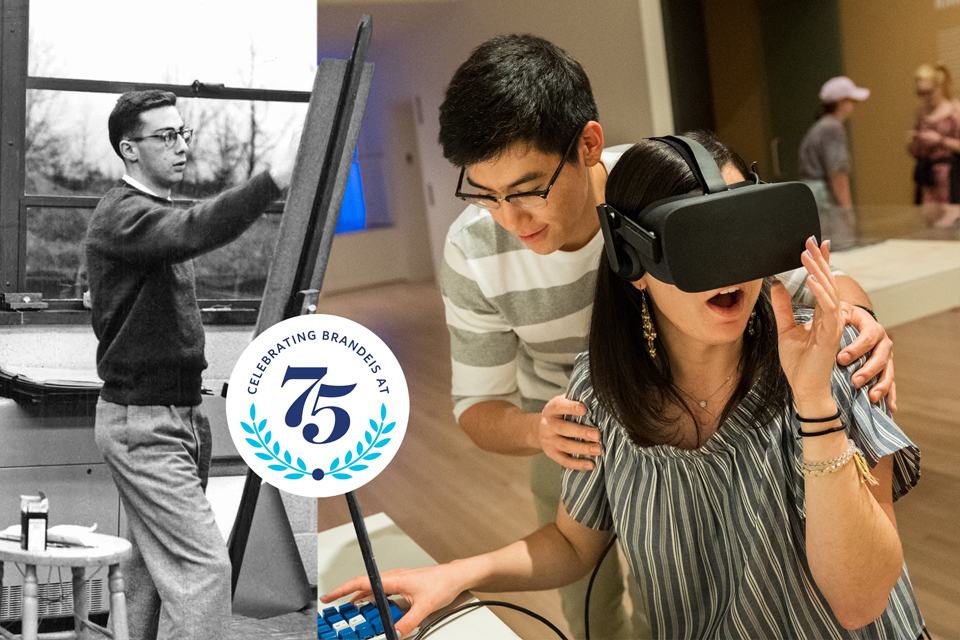 Left: Brandeis student painting in Black and white photo, right: contemporary photo of students using a VR headset.