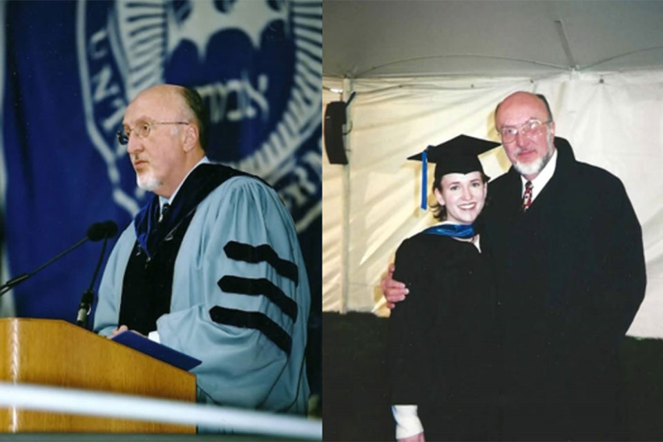 John Hose speaking at commencement on the left, and with his daughter on the right. 