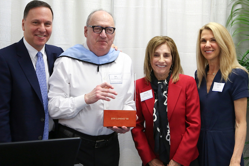 President Ron Liebowitz, Brandeis Fellow Jon Landau '68, H'19, Brandeis Trustee and Former Fellows Chair Joyce Krasnow, P'83, and Zamira Korff, senior vice president of Institutional Advancement, at the Fellows Commencement Breakfast.