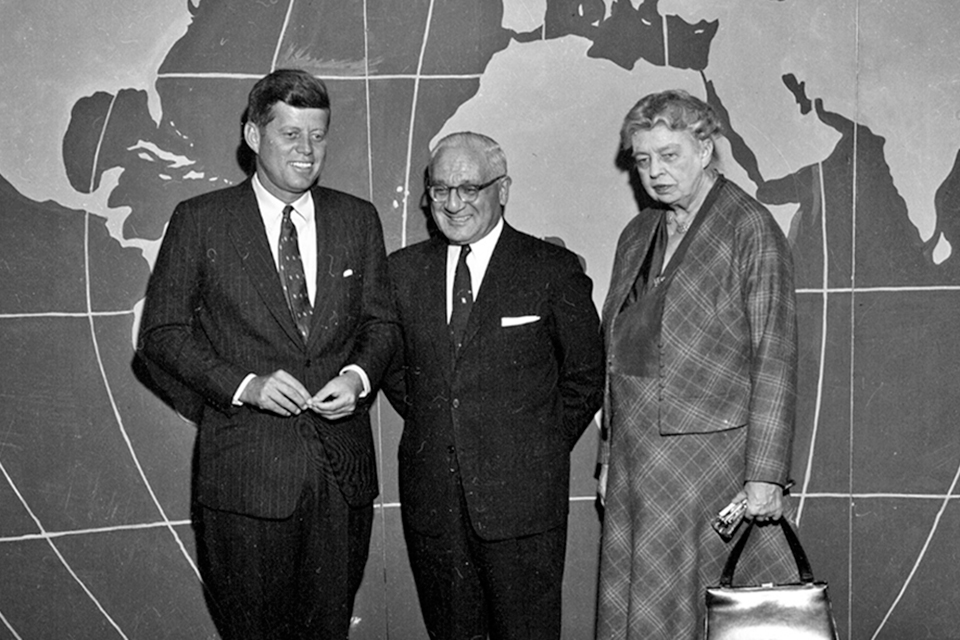 John F. Kennedy, Jr., Abram Sachar, and Eleanor Roosevelt.