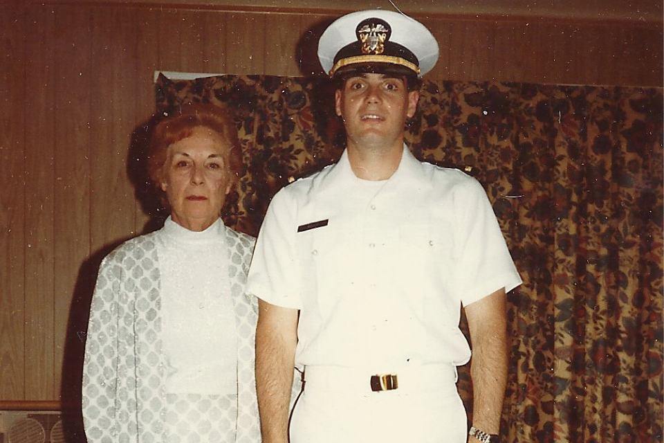 Kevin Kelly and his mother on the day of his graduation from the Naval Officer Indoctrination School in Newport, Rhode Island, in 1984.