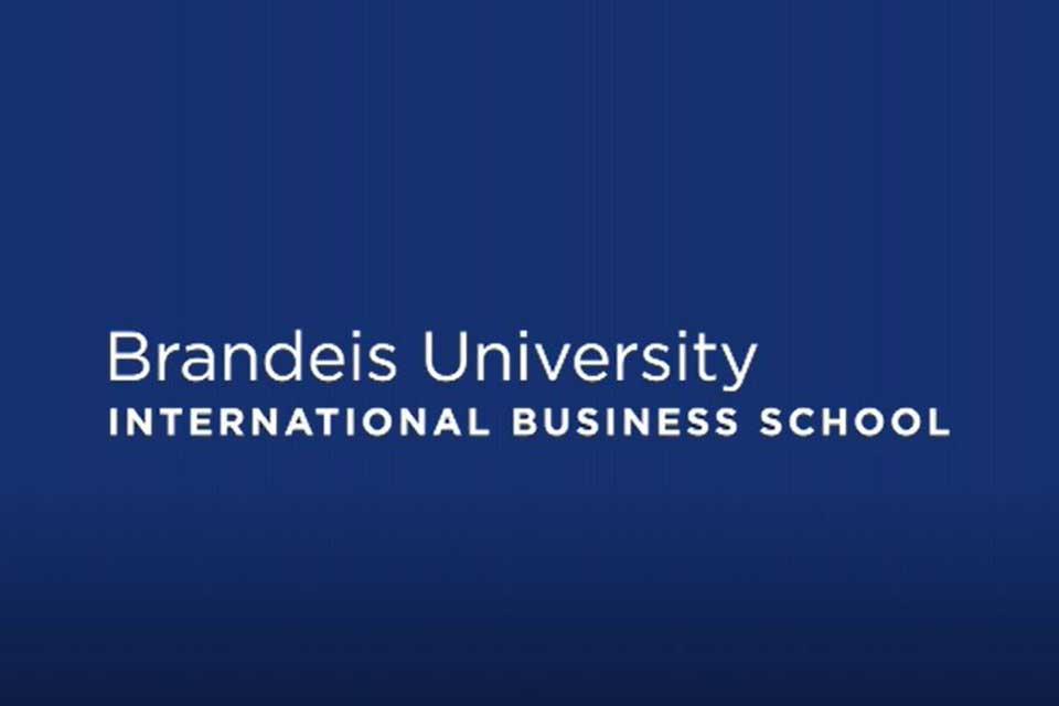 White text on blue background Brandeis International Business School 
