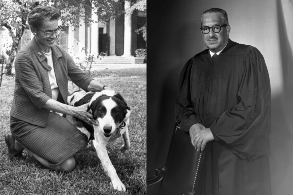 Left, civil rights activist Pauli Murray smiles and holds a happy dog back from the camera. Right, seated, Thurgood Marshall, the first African-American justice on the Supreme Court