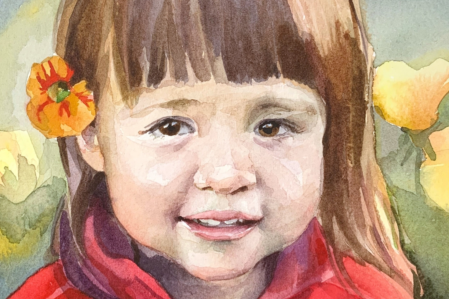 Painting of a little girl with brown hair and a flower behind her ear