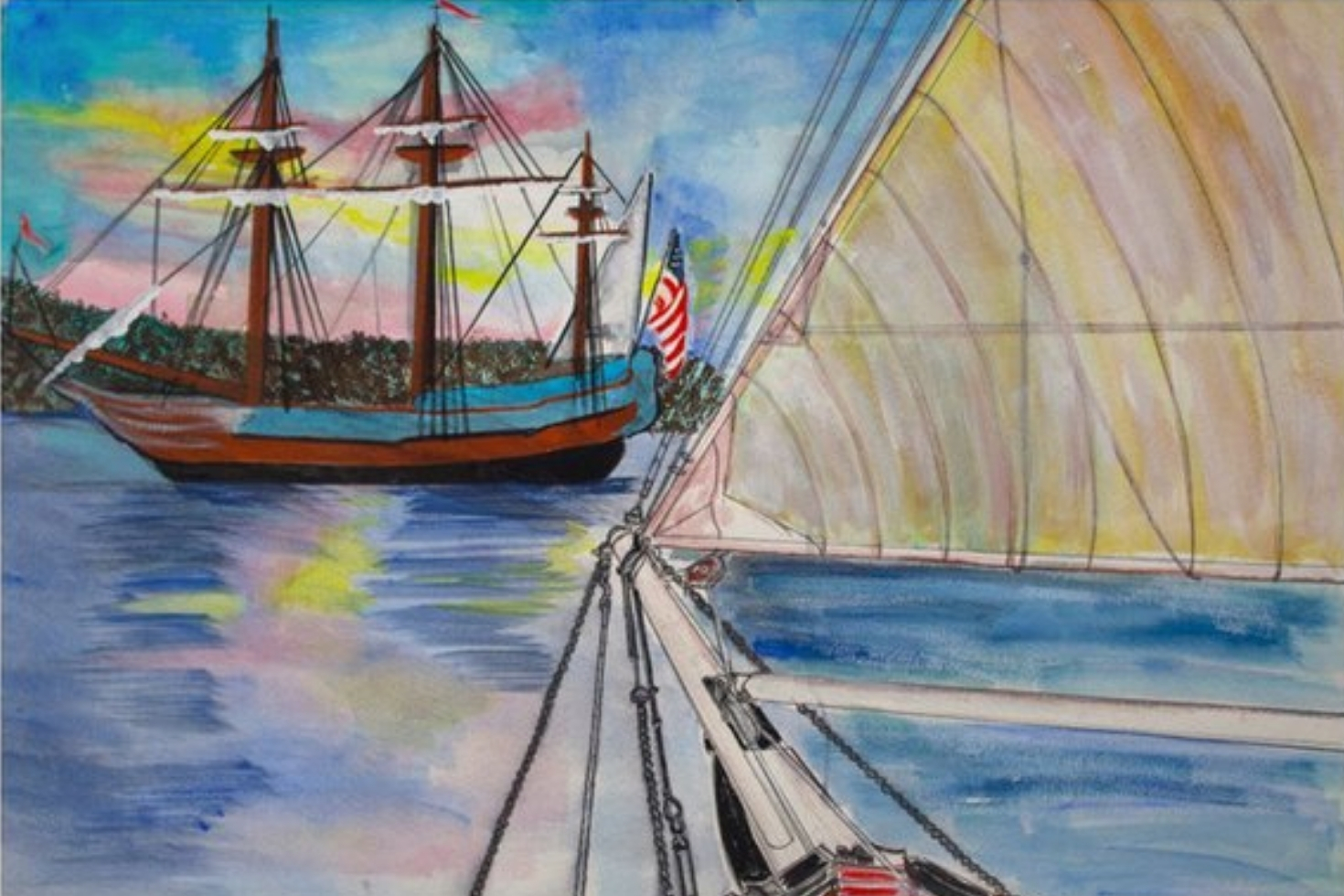 Water color painting of sailboats on the water