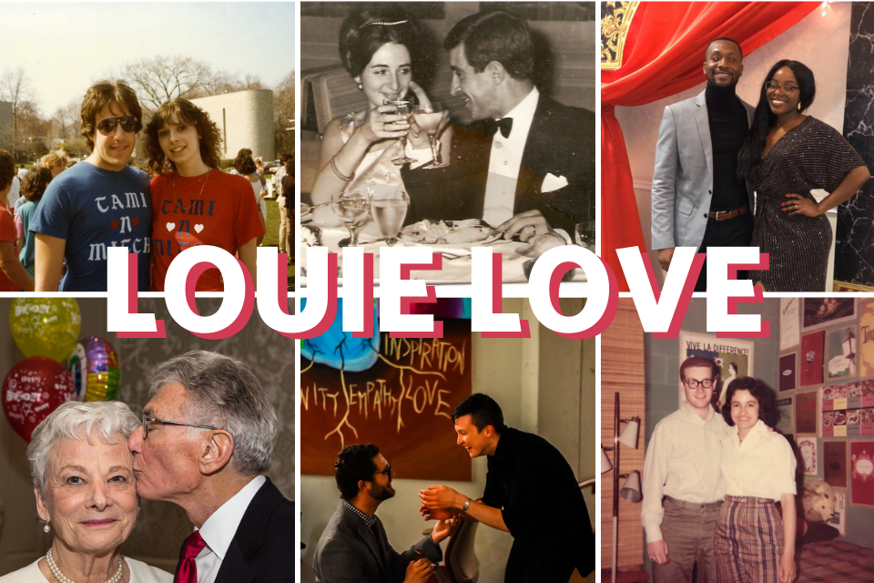 photo grid of six alumni couples with text overlay that reads: Louie Love