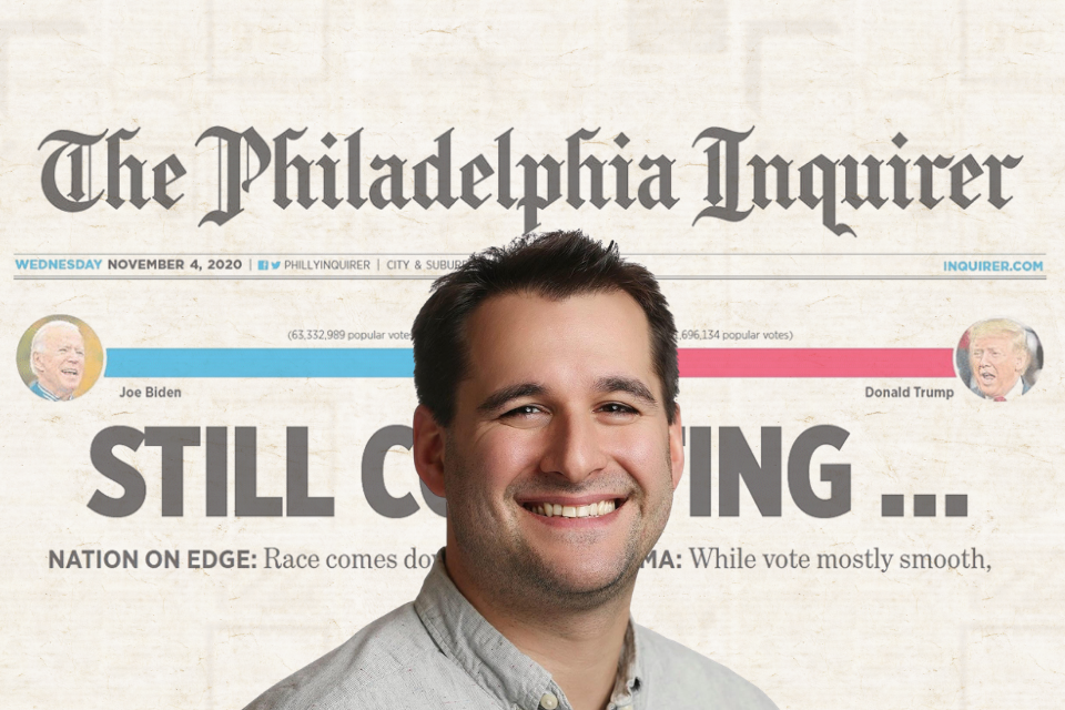 Dan Hirschhorn smiling with image of Philadelphia Inquirer front page in background