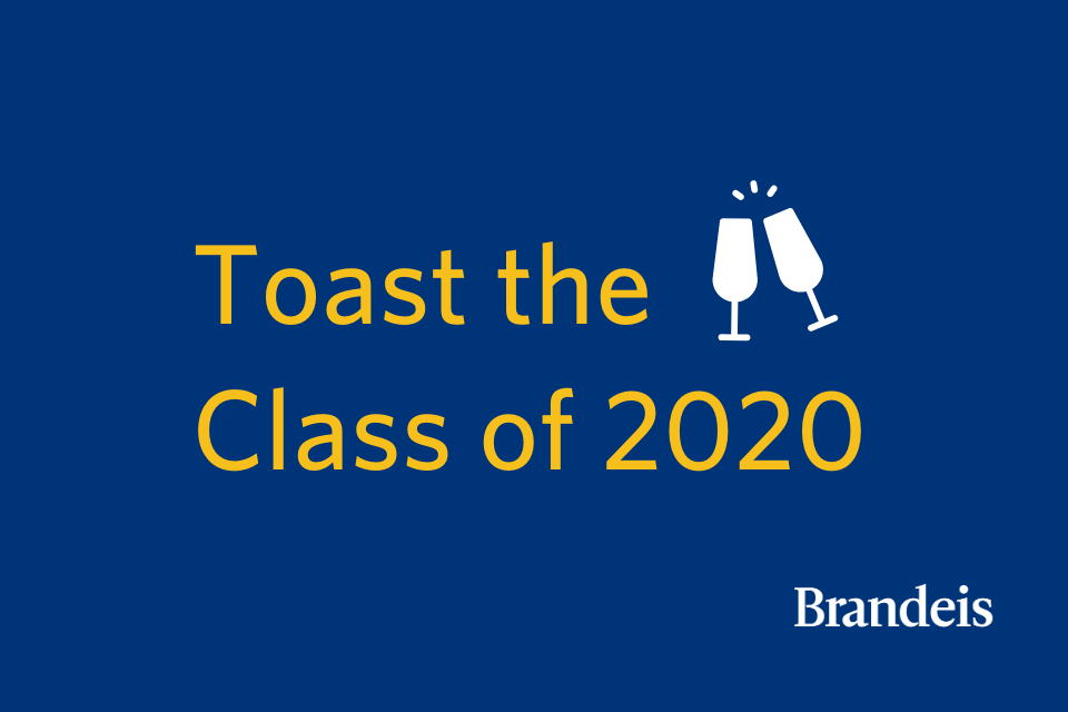 White champagne flutes on blue background with text that reads: "Toast the Class of 2020"