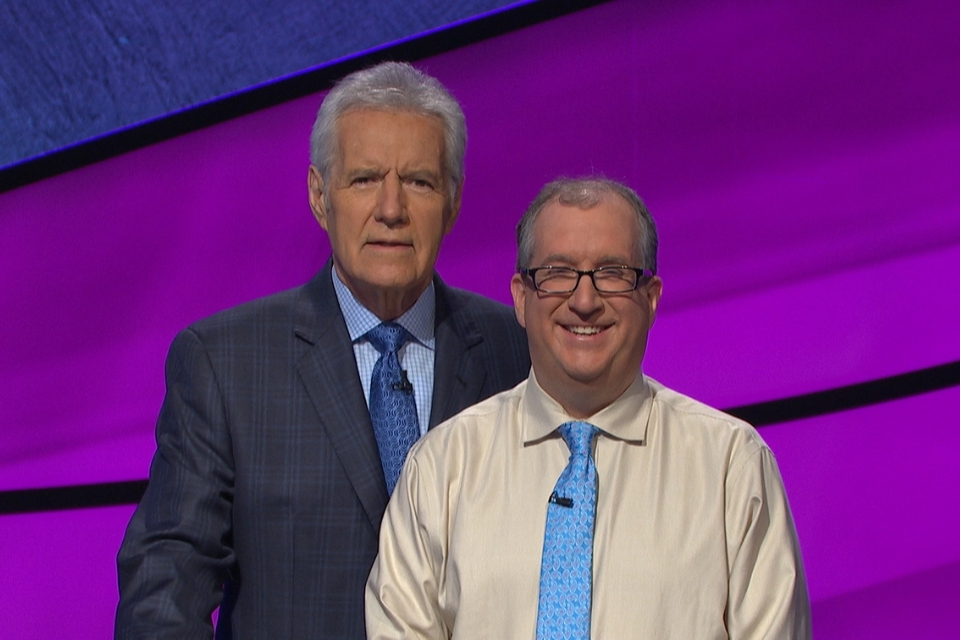 Alex Trebek and Adam Levin on set of "Jeopardy!"