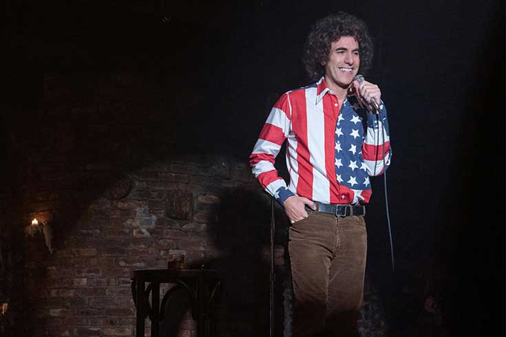 Sasha Baron Cohen as Abbie Hoffman in the film "The Trial of the Chicago 7"