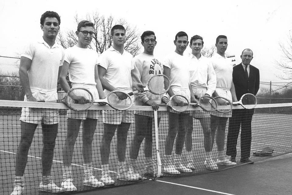 Abbie Hoffman, standing far left with the Brandeis Men's Tennis team