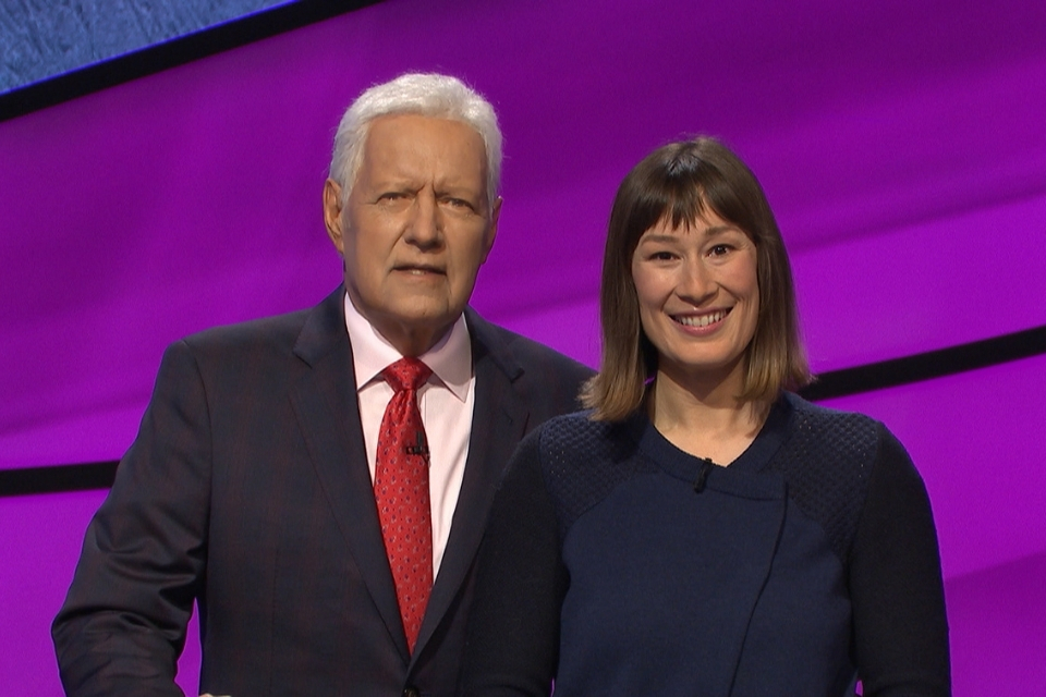 Alex Trebek and Sandha Khin on set of "Jeopardy!"