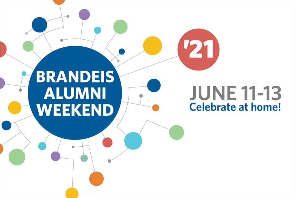 Text on white background with multicolored circles: Save the date for Alumni Weekend