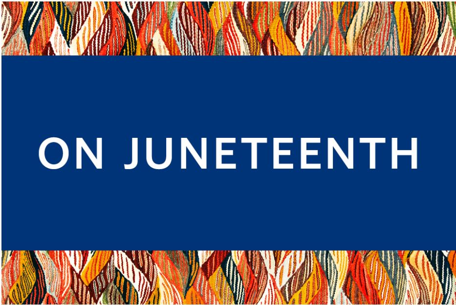 Text: "On Juneteenth" on multi-colored patterned background 