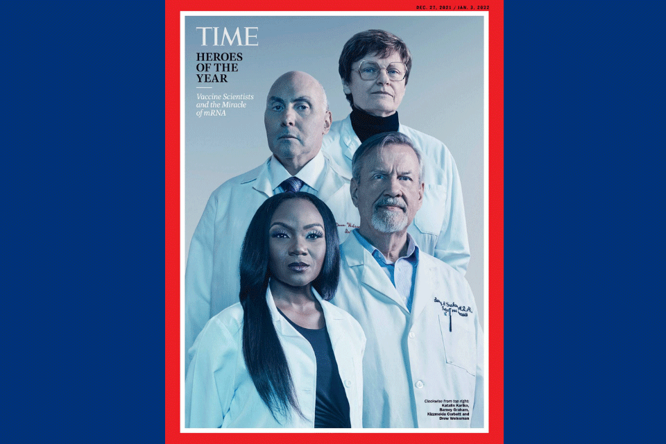Cover of Time Magazine featuring Drew Weissman, Katalin Karikó, Barney Graham and Kizzmekia Corbett.