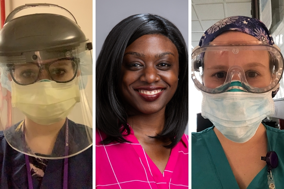 Grid of three women, two in medical masks.