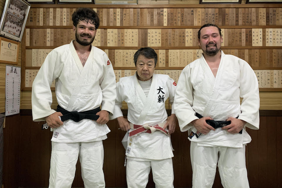 Ben Percival, Iosefa Percival and Akihiro Matsuura wearing judo gi
