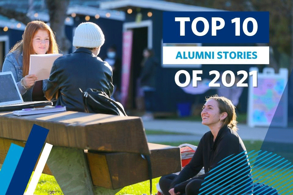 Photo of students sitting and working outside with text "Top Alumni Stories of 2021"