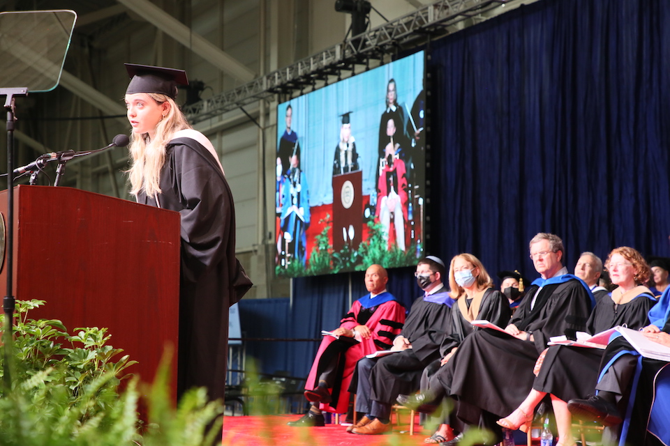 Haley Brown ’22, the undergraduate speaker, reflects on the obstacles the Class of 2022 overcame together. 