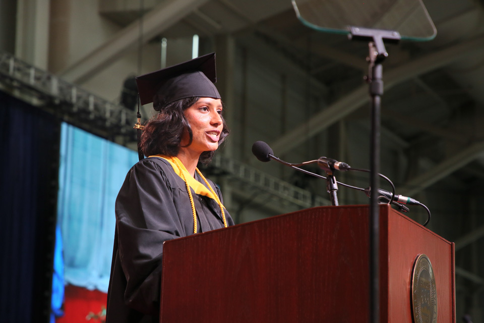 Graduate speaker Apthi Harish, IBS MSF’22, recalled the unwavering support she received from her professors and the university community.