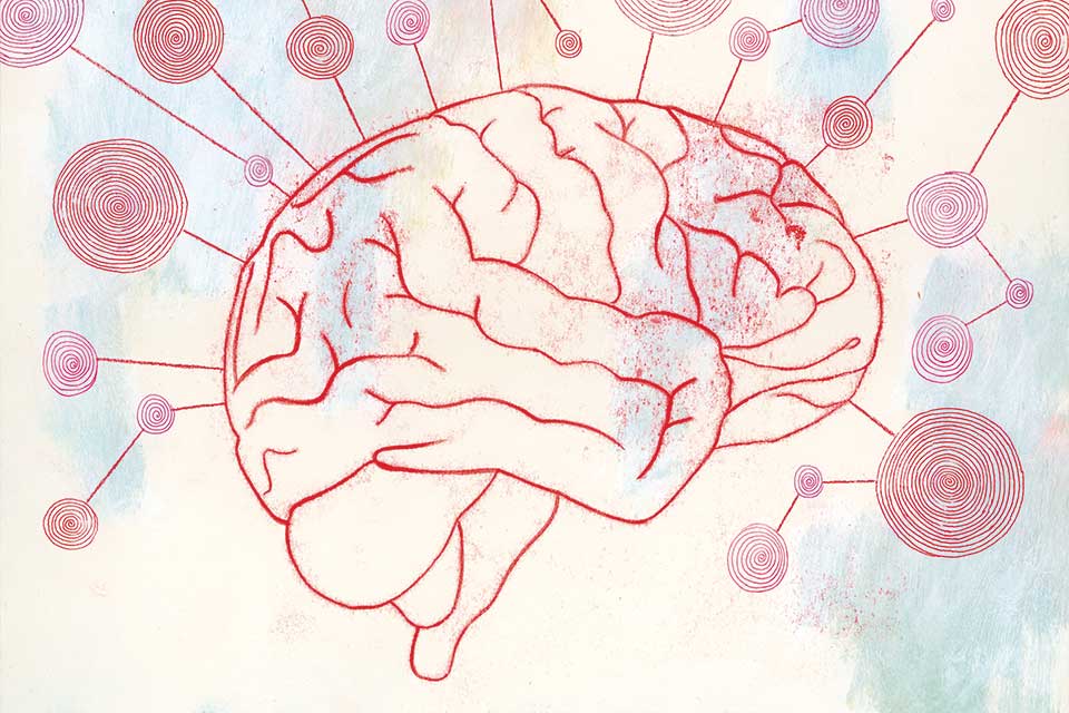 abstract illustration of the back of a human head with a brain inside. 