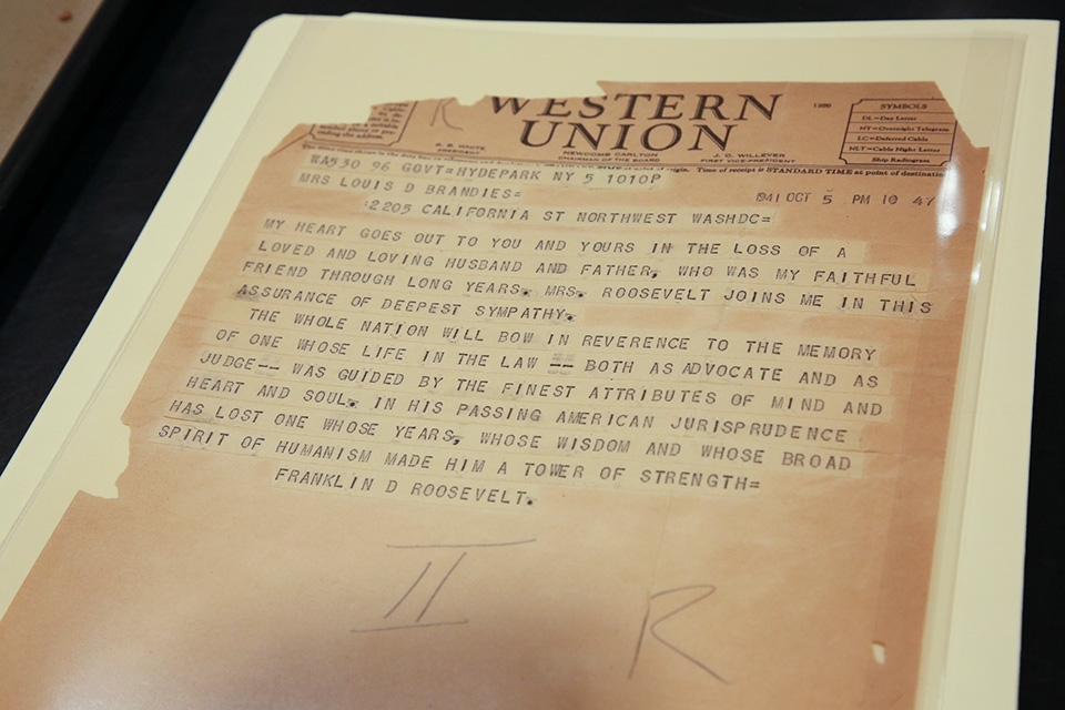 Telegram from Franklin D. Roosevelt to widow of Louis D. Brandeis upon his death.
