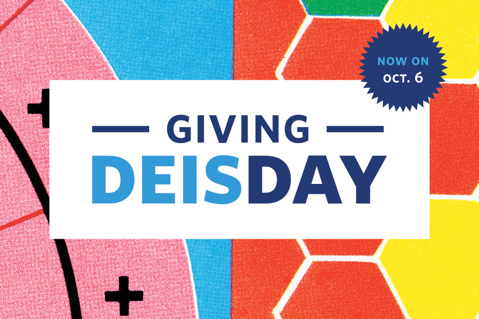 "Giving DEISday" and "Now on October 6" text on colorful collage background 