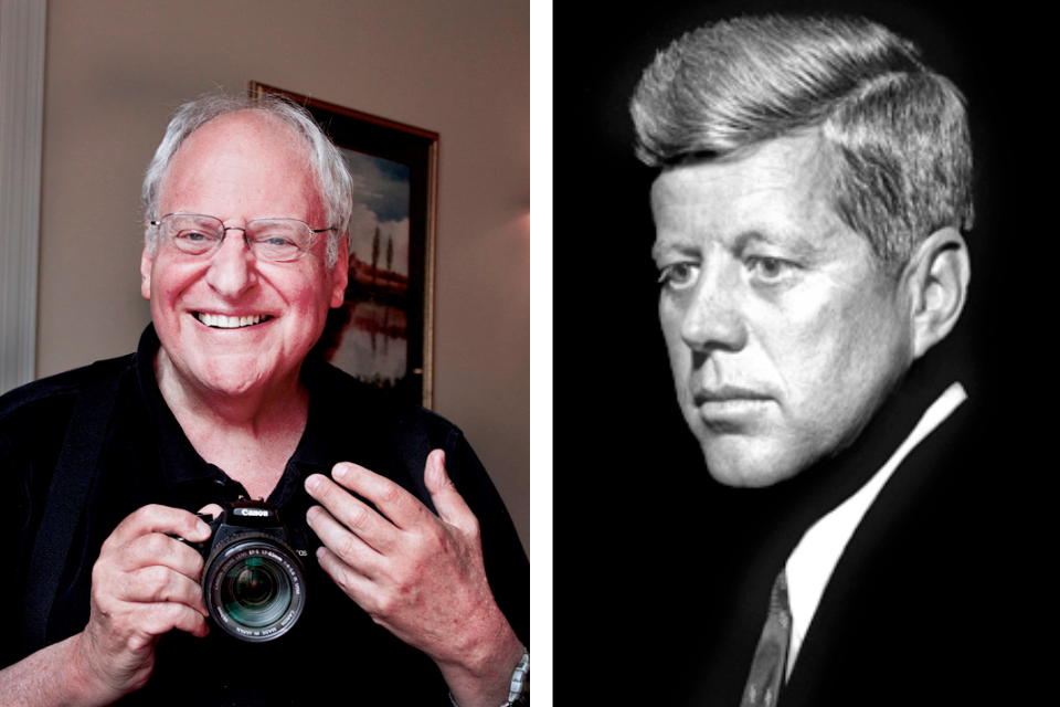 Two-photo collage: Henry Grossman holding a camera and a black and white portrait that Grossman took of  John F. Kennedy