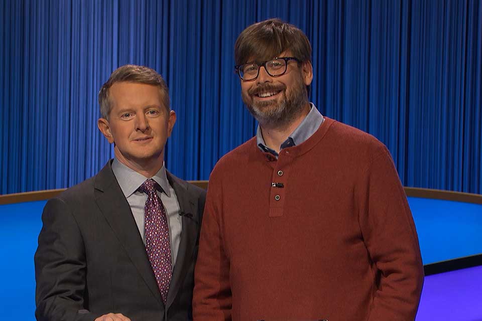 Ken Jennings with Andrew Tirrell on the Jeopardy set 