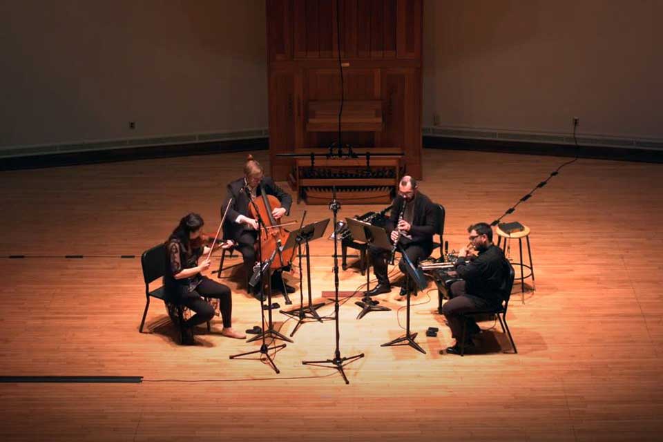 The quartet Hub New Music play at Brandeis University. 