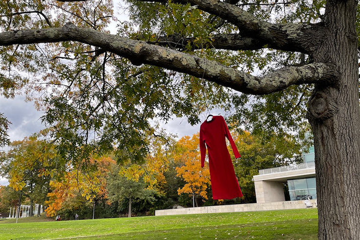 Red dress hanging from a tree on the Brandeis campus