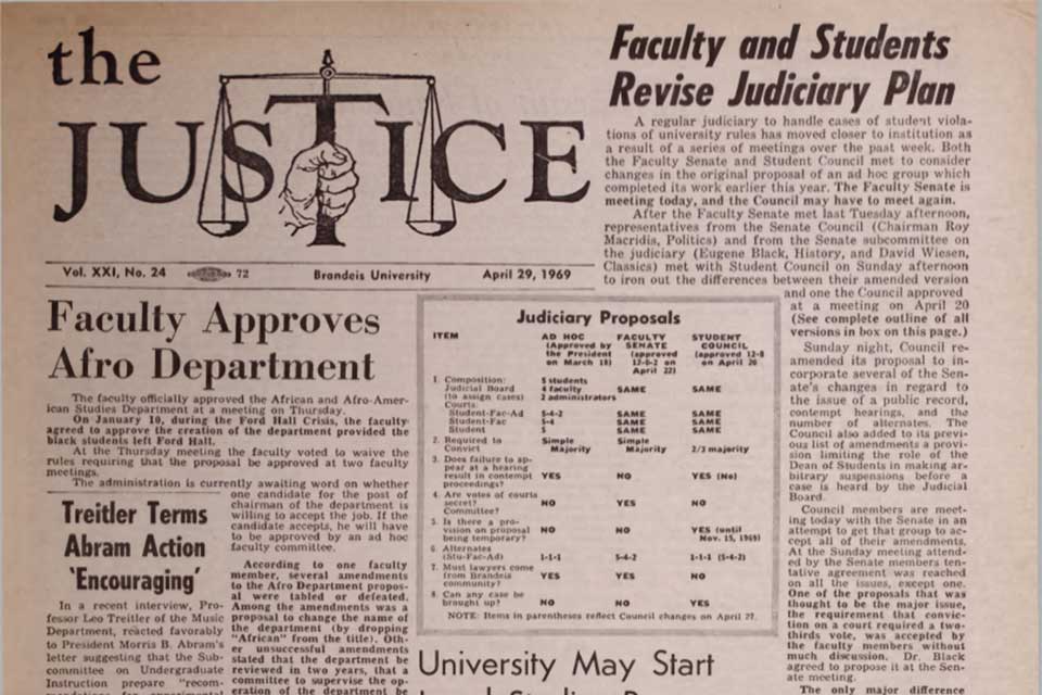 Front page of Brandeis student newspaper The Justice in April 1969. 