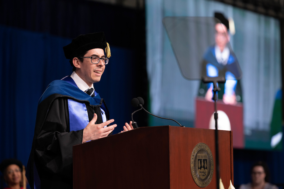 Emiliano Gutierrez-Popoca, GSAS PhD’23  delivers the graduate student address at the Gosman Sports and Convocation Center during Graduate Commencement 