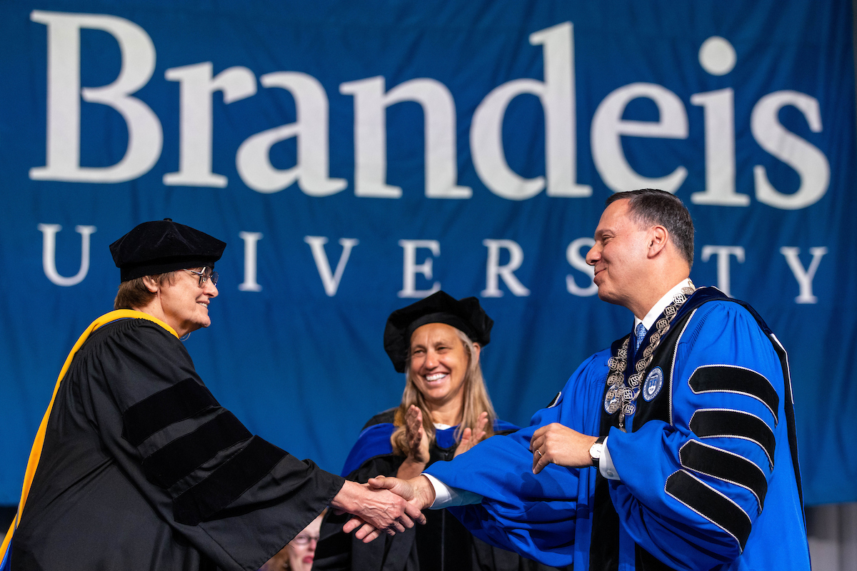 Brandeis University President Ron Liebowitz bestows an Honorary Degree upon Katalin Karikó.