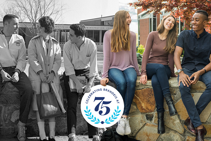 Students sitting on a wall at Brandeis in the 50s and in the present day. 
