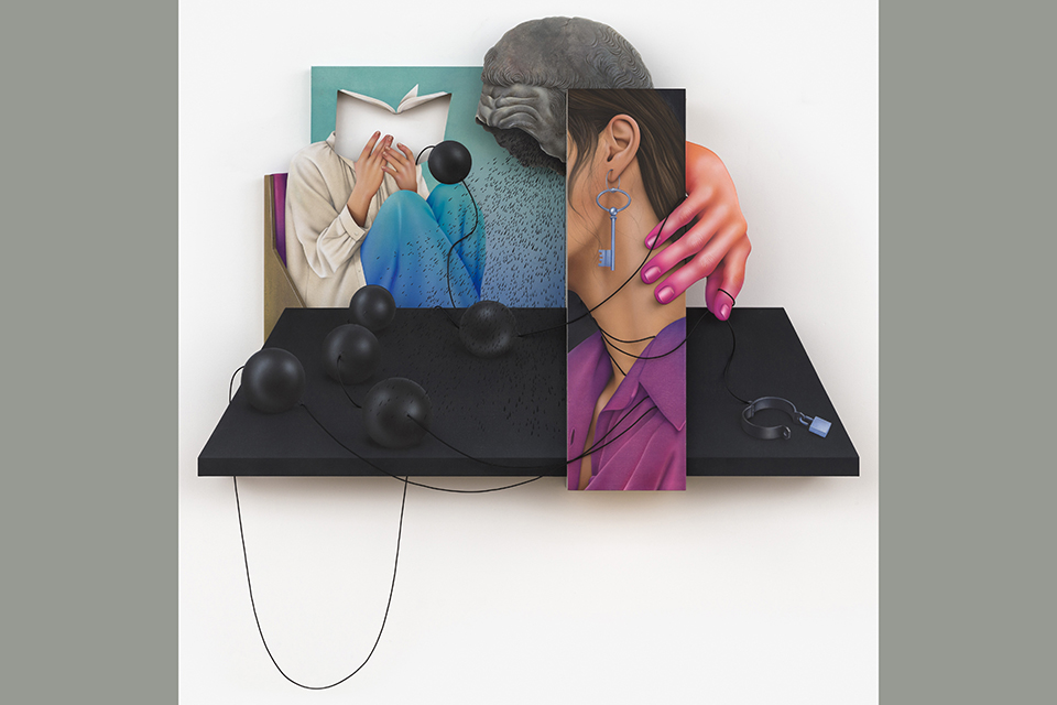 Black Rain by Arghavan Khosravi depicts a surrealistic scene of a person reading, a man's forehead, and part of a woman's profile.