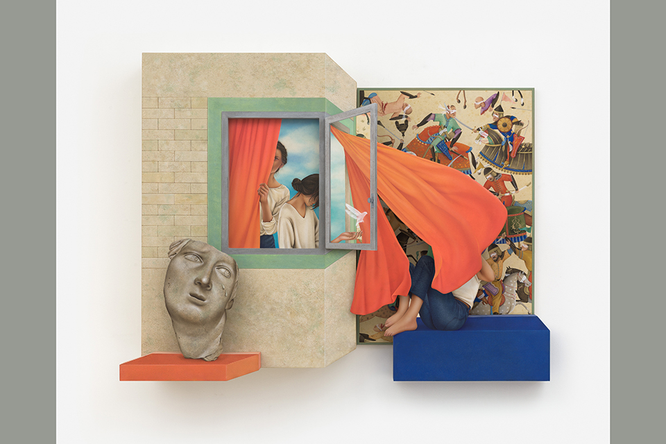 The Orange Curtain by Arghavan Khosravi depicts a chaotic scene of women looking out a window, a sculpture of a man and a woman seemingly hiding.