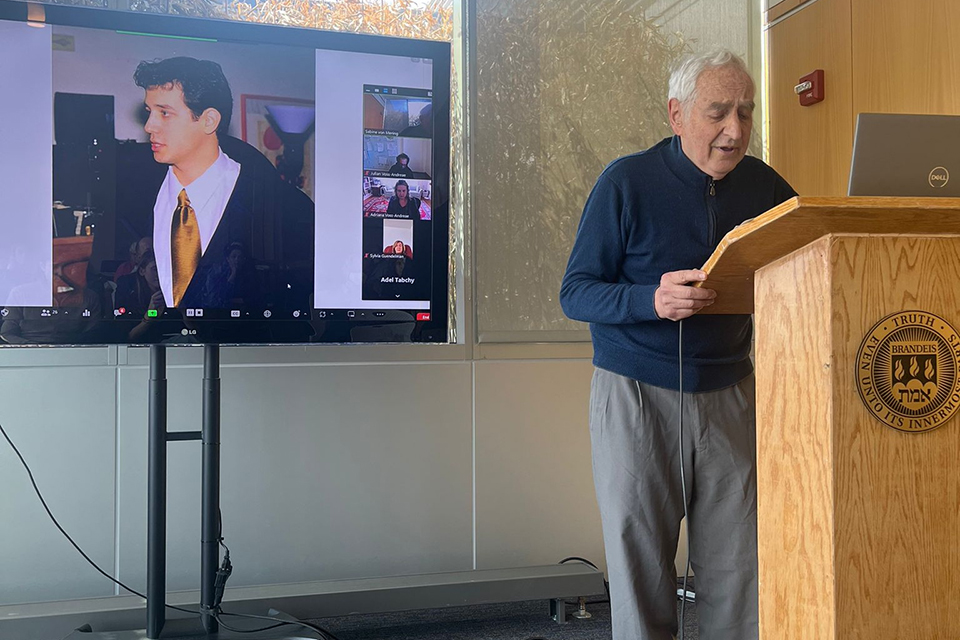 Dr. George Weissmann speaks about his son late son Ariel Weissmann at a scholarship event celebrating the event