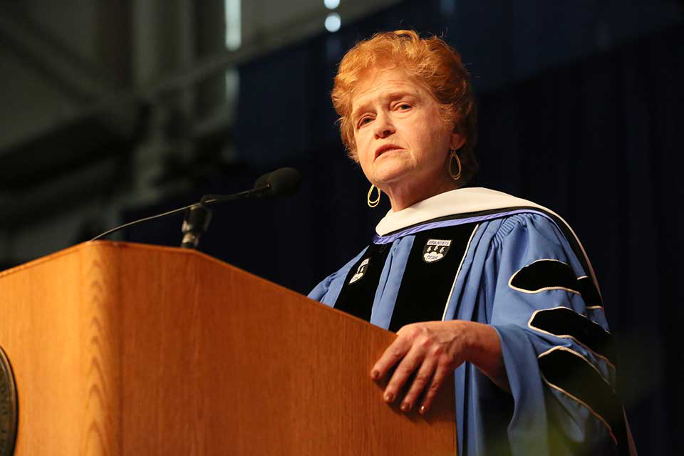 Deborah Lipstadt, who received her master of arts from Brandeis in 1972 and her PhD in 1976, gives a commencement address at the university in 2019.