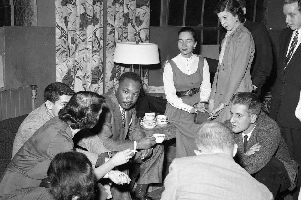 Martin Luther King Jr. speaking with Brandeis students