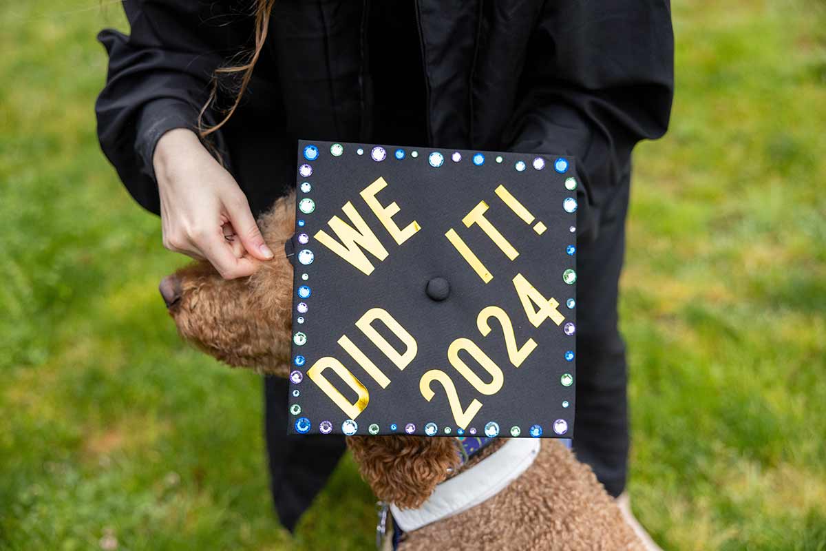 a dog wearing a mortarboard that reads: We did it 2024