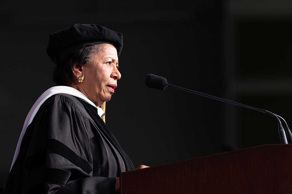 Ruth Simmons delivers remarks at the podium
