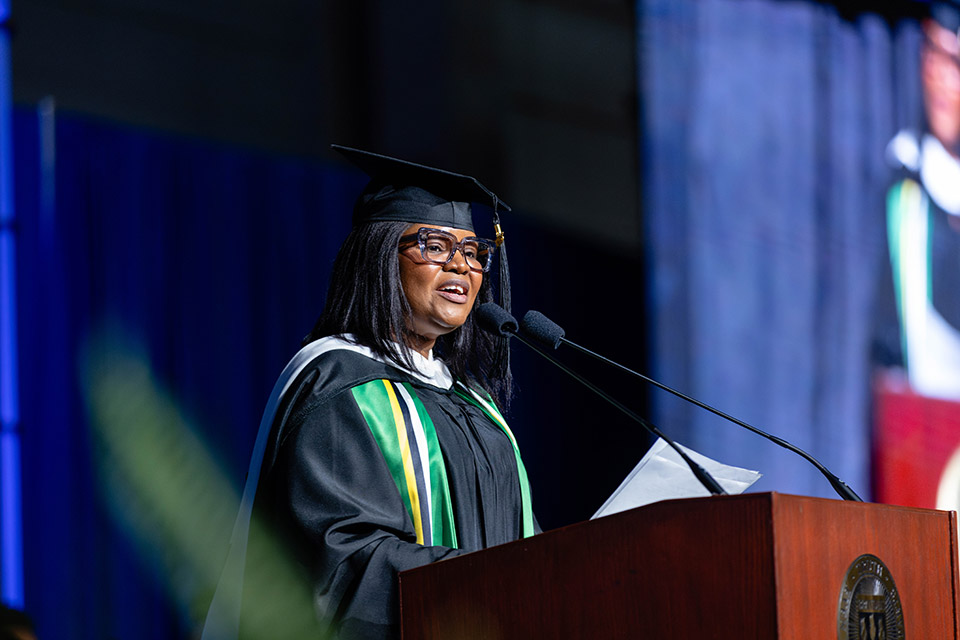 Giselle Gabriel addresses the class of 2025 at the graduate ceremony