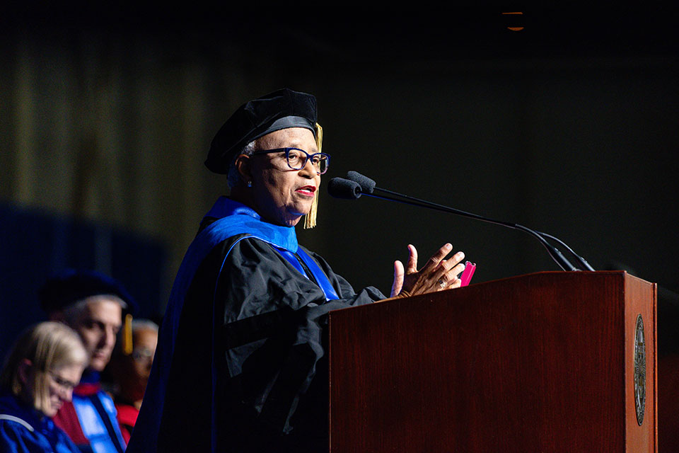 Shirley Ann Jackson delivers remarks at the podium.