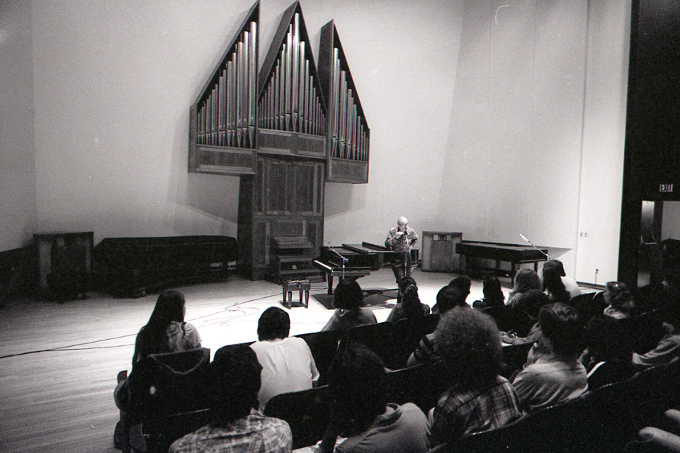 Black and white image of remembrance celebration celebration from Brandeis history
