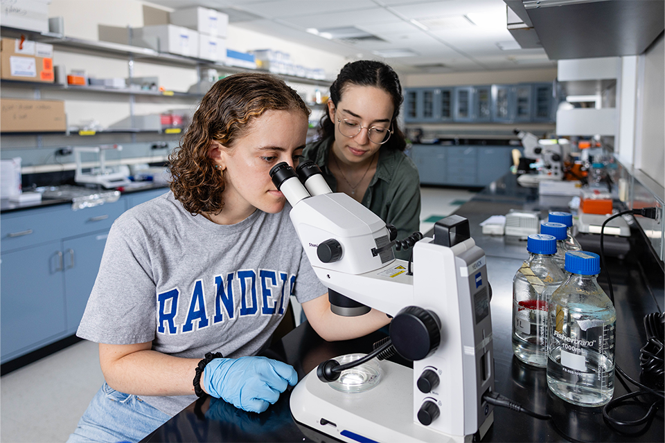 two female students using a microscope in a lab setting